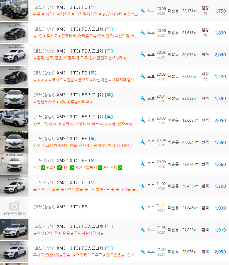 XM3 1.3 가솔린 등급 중고차 가격 : 1,290만원 ~ 2,520만원