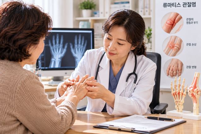 진료실에서 의사가 중장년 여성의 손가락 관절을 살펴보며 류마티스 관절염 진료를 하는 모습