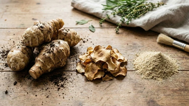 신선한 돼지감자(흙이 묻은 상태), 말린 돼지감자 칩, 돼지감자 분말이 나무 테이블 위에 비교 배치됨