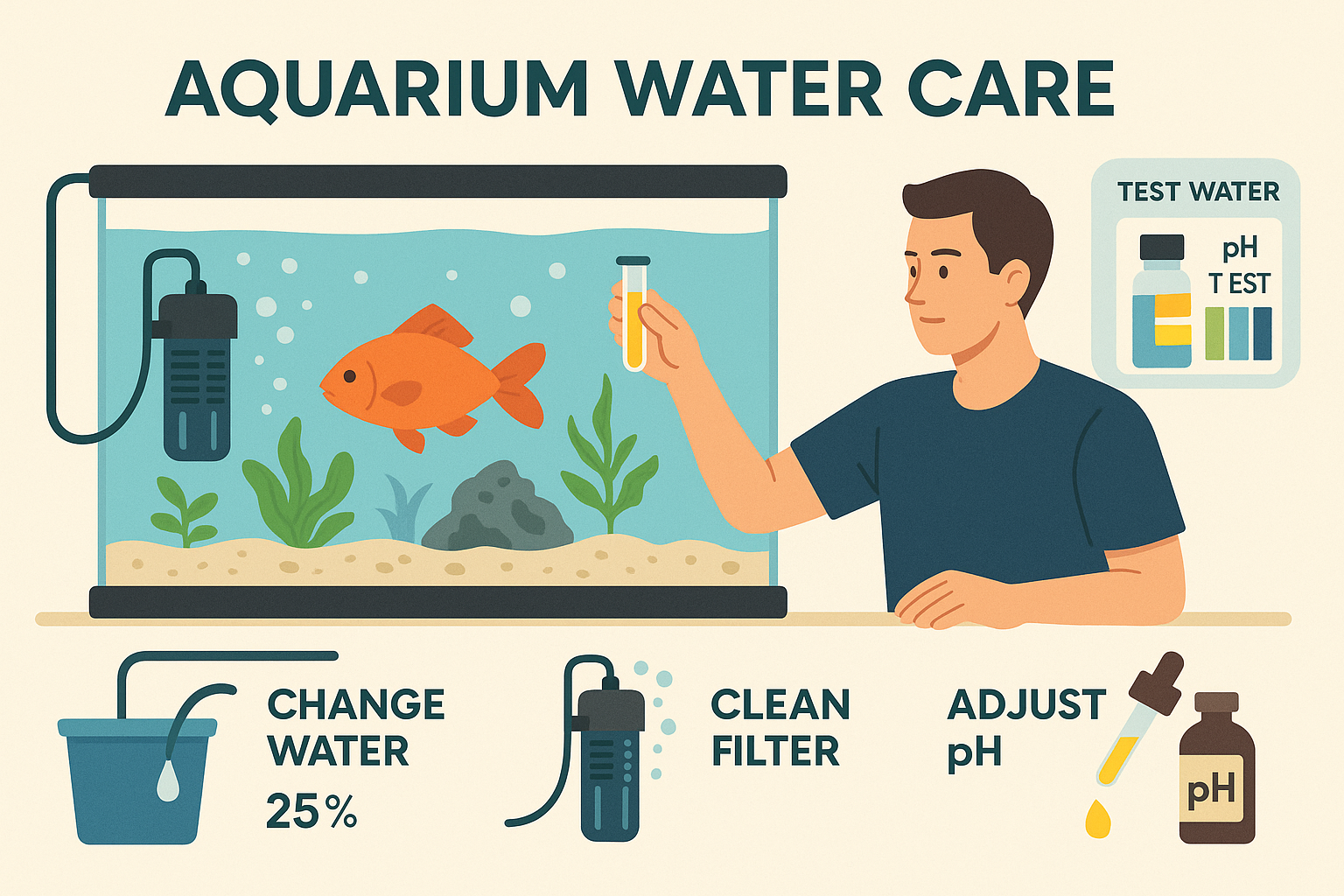 어항 수질 관리 인포그래픽. 어항 속 금붕어와 수질 검사, 물 교체, 필터 청소, pH 조절 방법을 아이콘과 함께 설명.