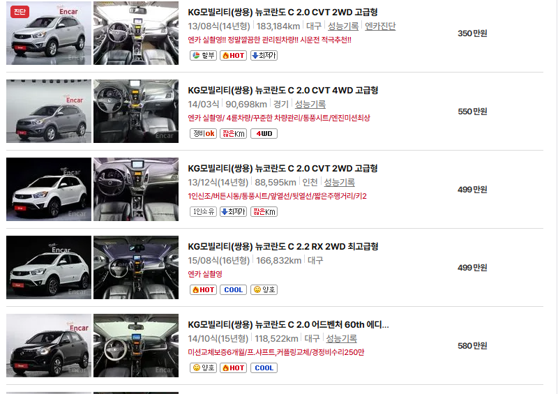 쌍용 코란도 중고차 가격 시세표 유지비