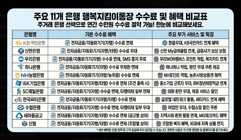 1.행복지킴이통장 은행별 혜택 비교 [2026년 최신] 수수료&middot;금리 우대 조건 총정리