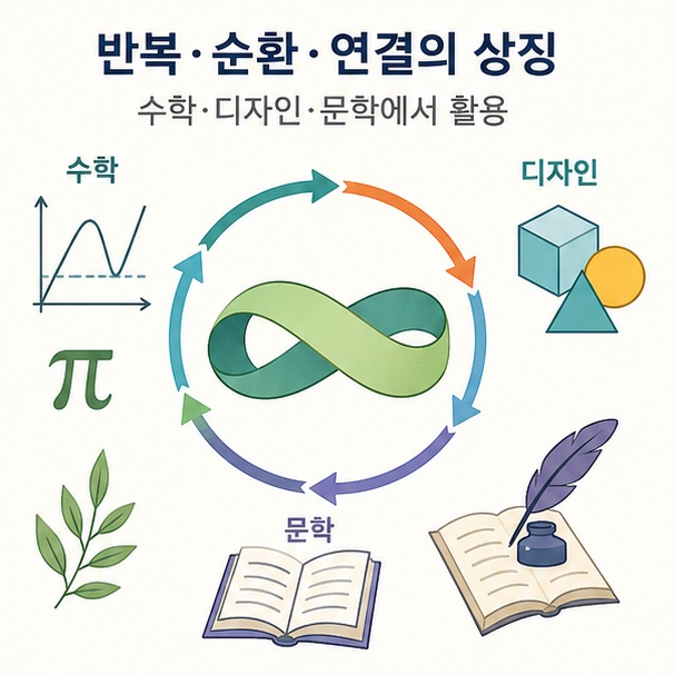 뫼비우스의 띠가 수학뿐 아니라 반복과 순환, 연결을 상징하는 형태로 활용되는 의미를 설명한 이미지