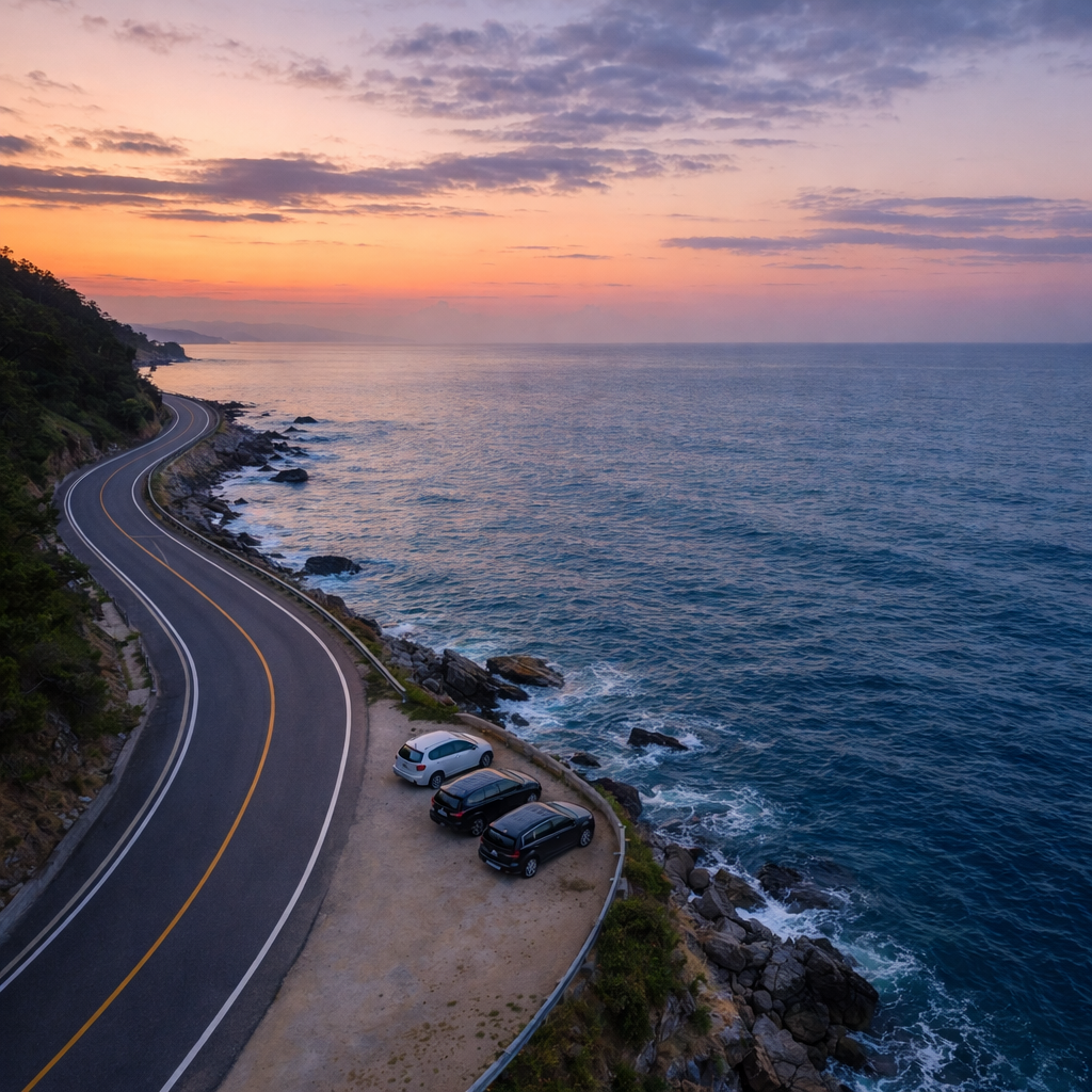 강릉 헌화로를 따라 바다와 가깝게 주차된 차들이 일출을 기다리는 풍경
