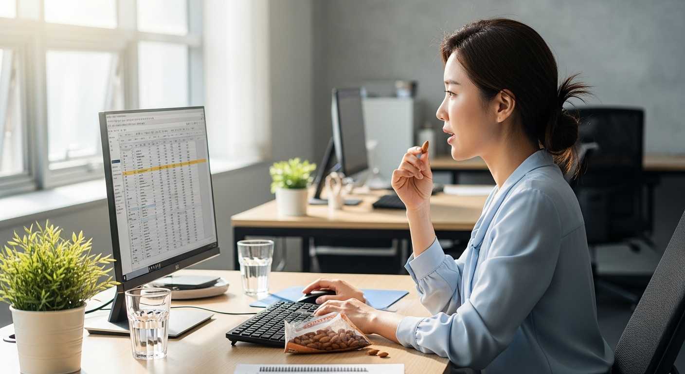책상 위 건강식품과 함께 아몬드를 챙겨먹는 직장인 여성