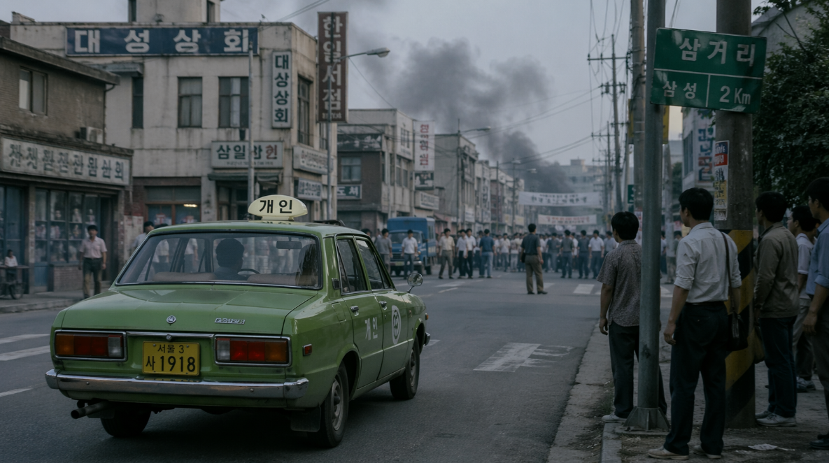긴장감이 감도는 1980년대 도심 거리로 오래된 택시 한 대가 들어서는 장면