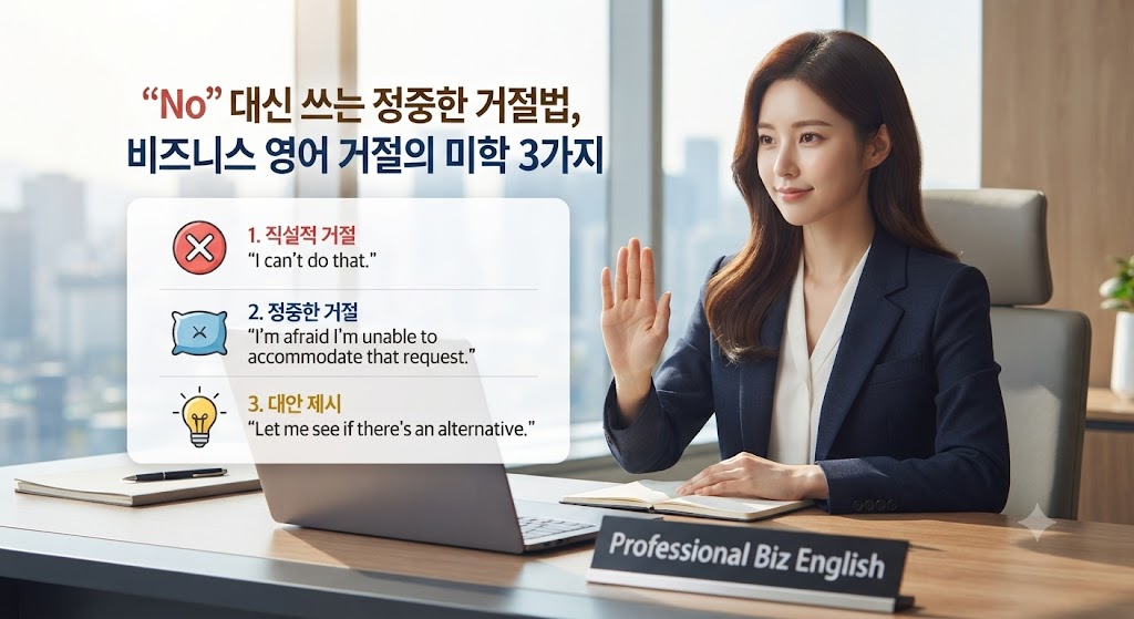 "Business English Refusal Guide: A professional woman in an office gracefully declining a request, accompanied by an infographic summarizing key English expressions."