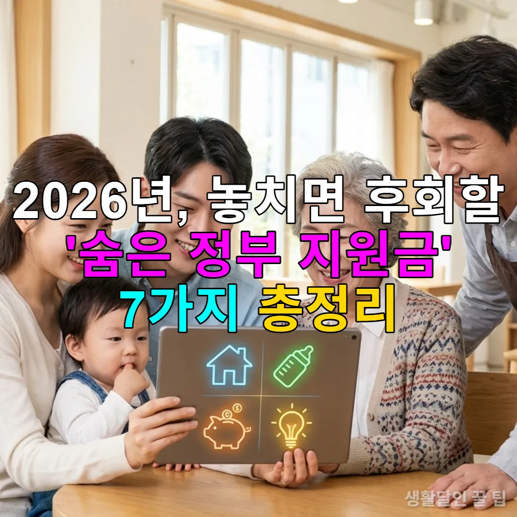 다양한 연령대의 한국인들이 정부 지원금을 확인하며 웃고 있는 모습