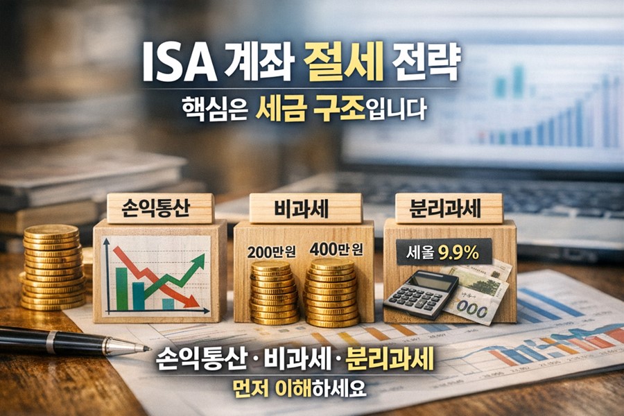 ISA 계좌가 손익통산과 비과세, 분리과세 구조를 통해 절세 효과를 만드는 원리를 설명하는 이미지