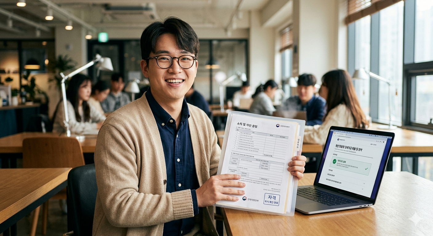 자격 조건을 모두 확인하고 자신감 있게 청약을 준비하는 한국청년의 모습 이미지