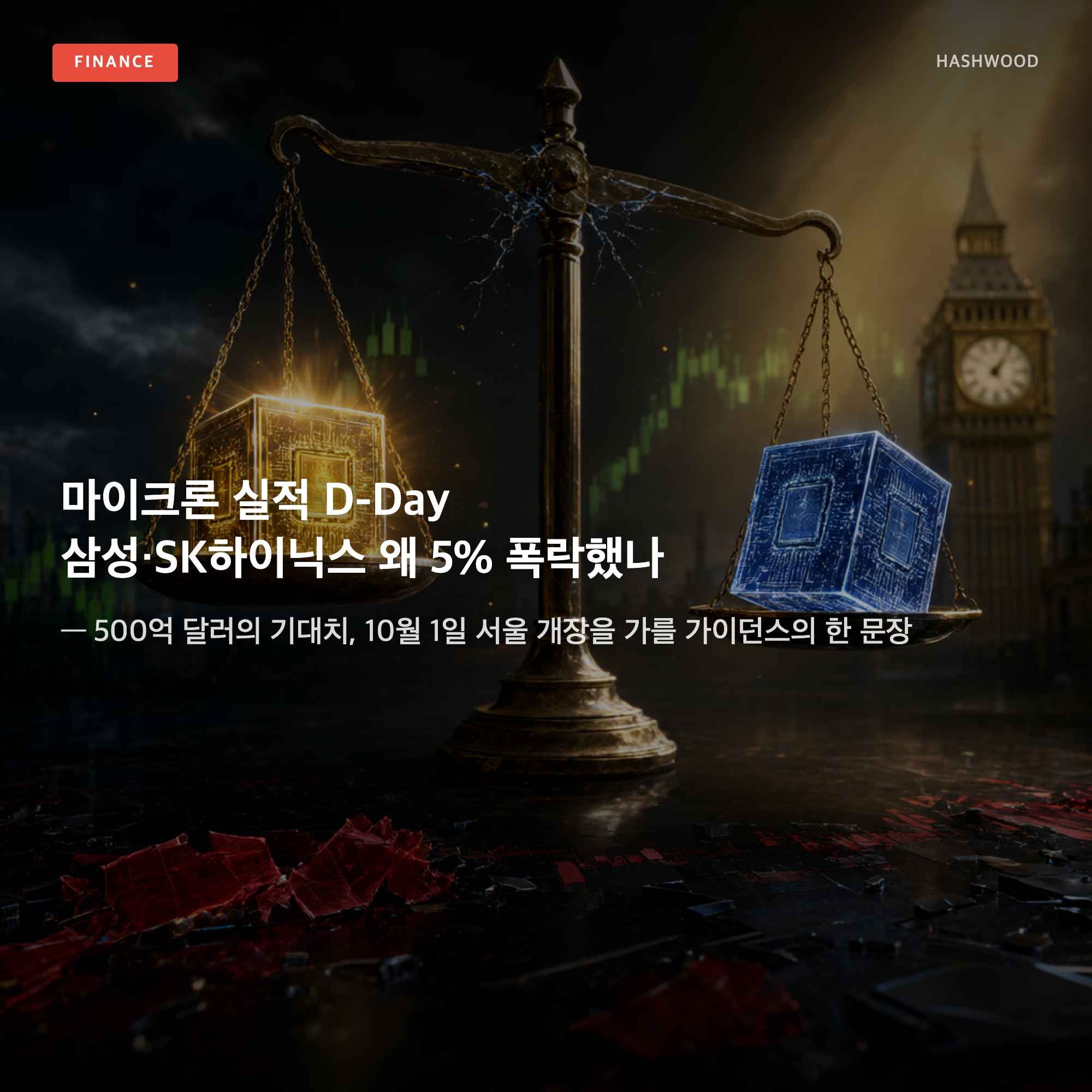 그림: 마이크론 실적 D-Day 삼성·SK하이닉스 왜 5% 폭락했나 — — 500억 달러의 기대치, 10월 1일 서울 개장을 가를 가이던스의 한 문장
