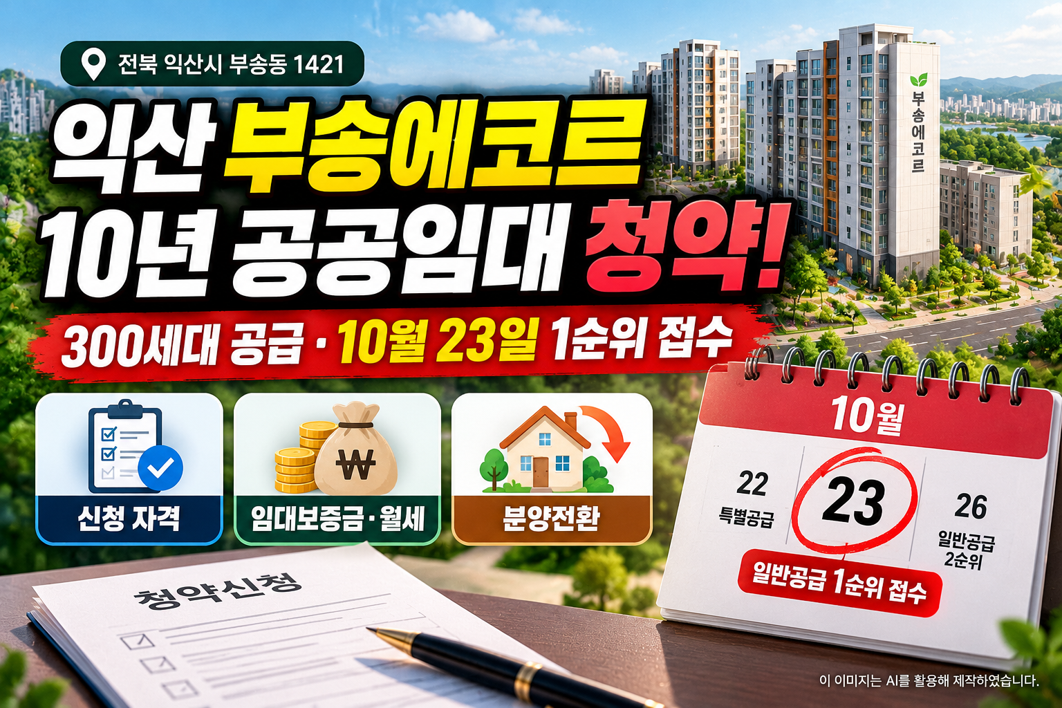 2026년 익산 부송에코르 10년 공공임대주택 300세대 공급, 10월 23일 일반공급 1순위 청약 일정과 신청 자격, 임대보증금 및 분양전환 안내 이미지