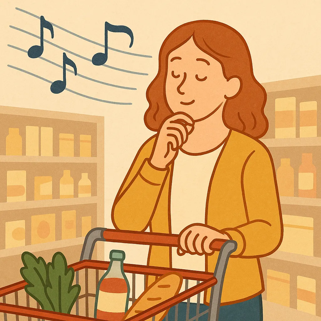 대형마트에서-음악이-느린-이유를-표현한-일러스트로,-여성이-장바구니를-끌며-편안하게-쇼핑하는-모습과-공중에-떠있는-음표가-함께-묘사되어,-느린-음악이-구매-심리에-주는-영향을-상징함.