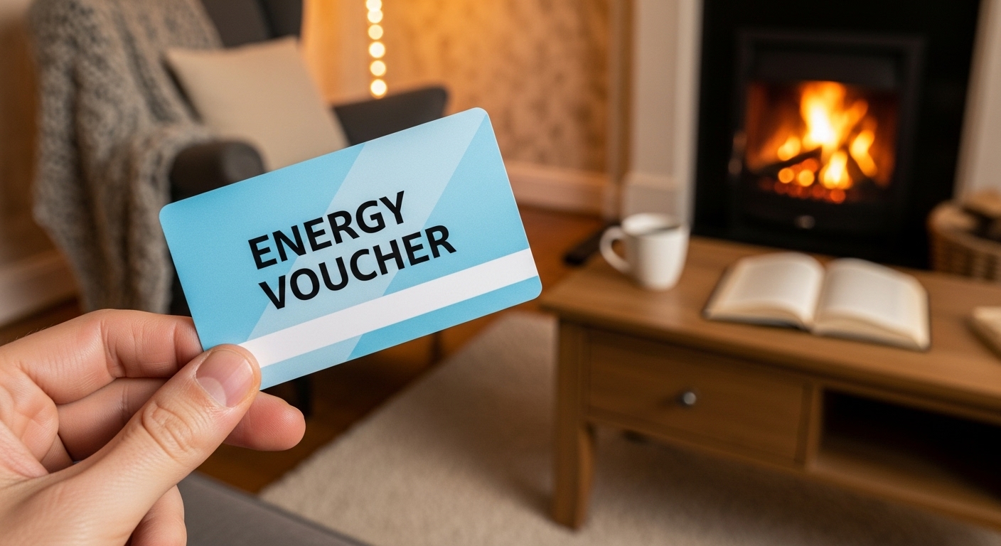 에너지바우처 카드를 들고 있는 손과 따뜻한 집 내부 이미지