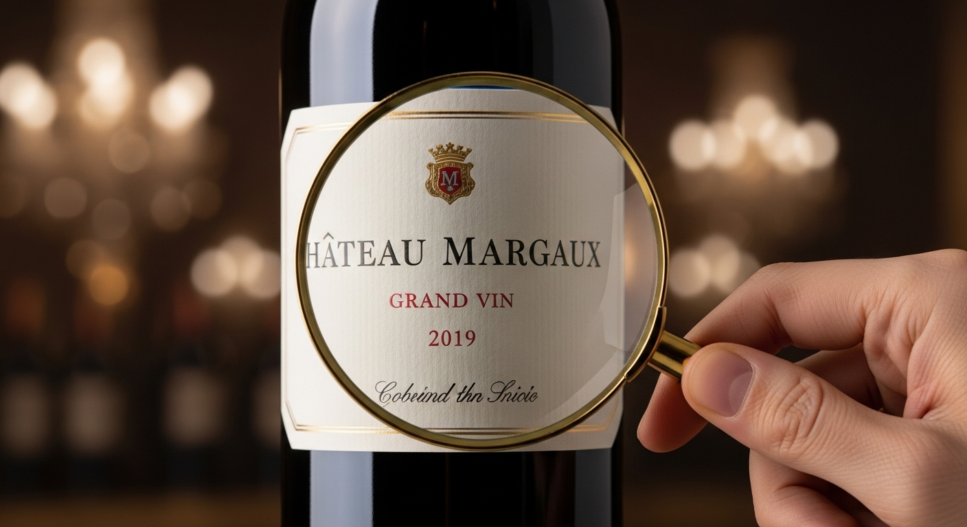 돋보기로 와인 라벨을 읽는 모습