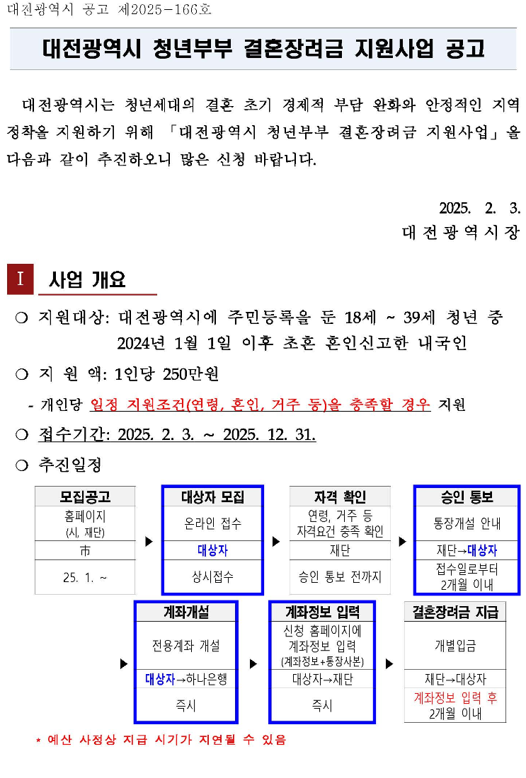 대전 결혼장려금 최대 500만 원 신청방법 지원조건
