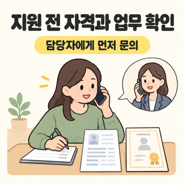 지원 전 자격과 업무 확인 문구 아래 구직자가 이력서와 자격증 문서를 앞에 두고 전화로 문의하는 모습