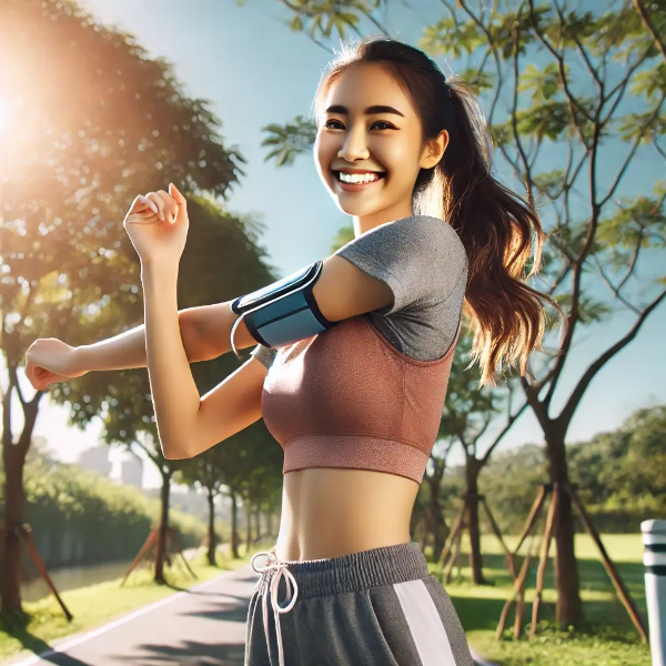 고혈압 예방을 위해 야외에서 스트레칭하는 동양인 여성