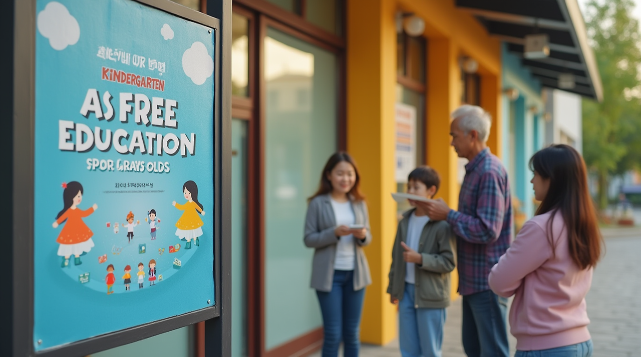 유치원 외부에 부착된 &lsquo;5세 무상교육 안내&rsquo; 포스터를 읽고 있는 한국 부모와 아이