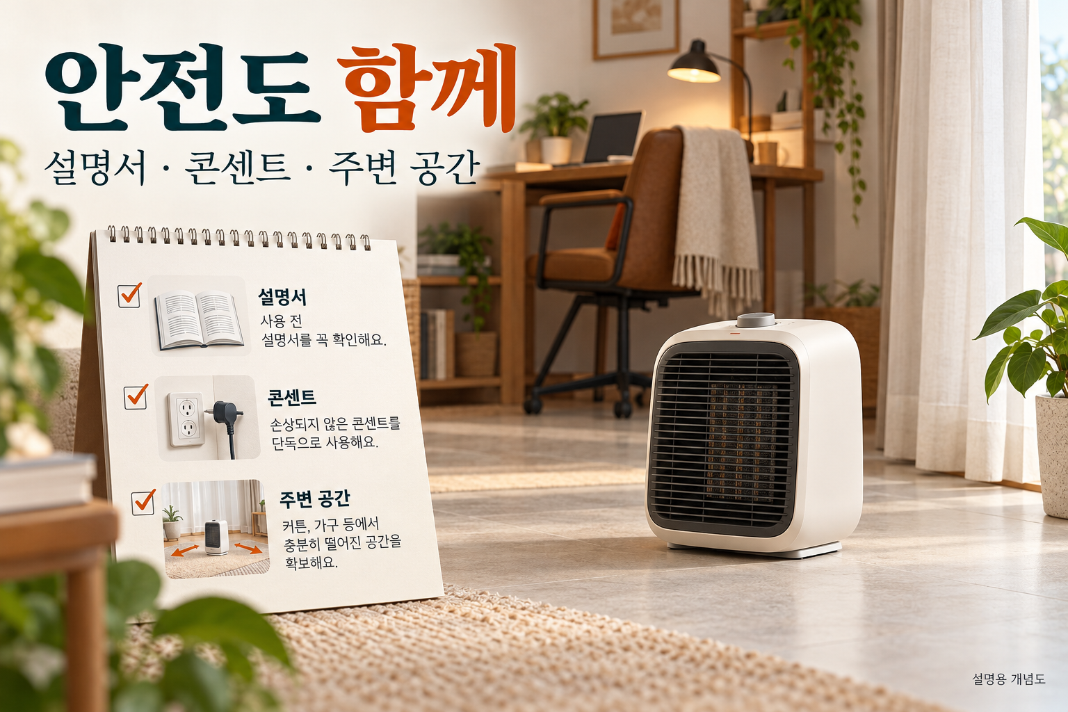 설명서&middot;콘센트&middot;주변 공간을 점검하는 안전 도식