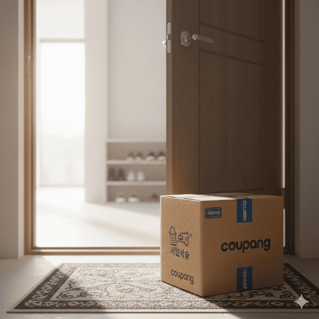 현대적인 한국 아파트 현관 앞에 놓인 쿠팡 로켓배송 새벽배송 박스의 클로즈업 실사. 문이 살짝 열려있고, 아침 햇살이 비추는 평화로운 분위기.