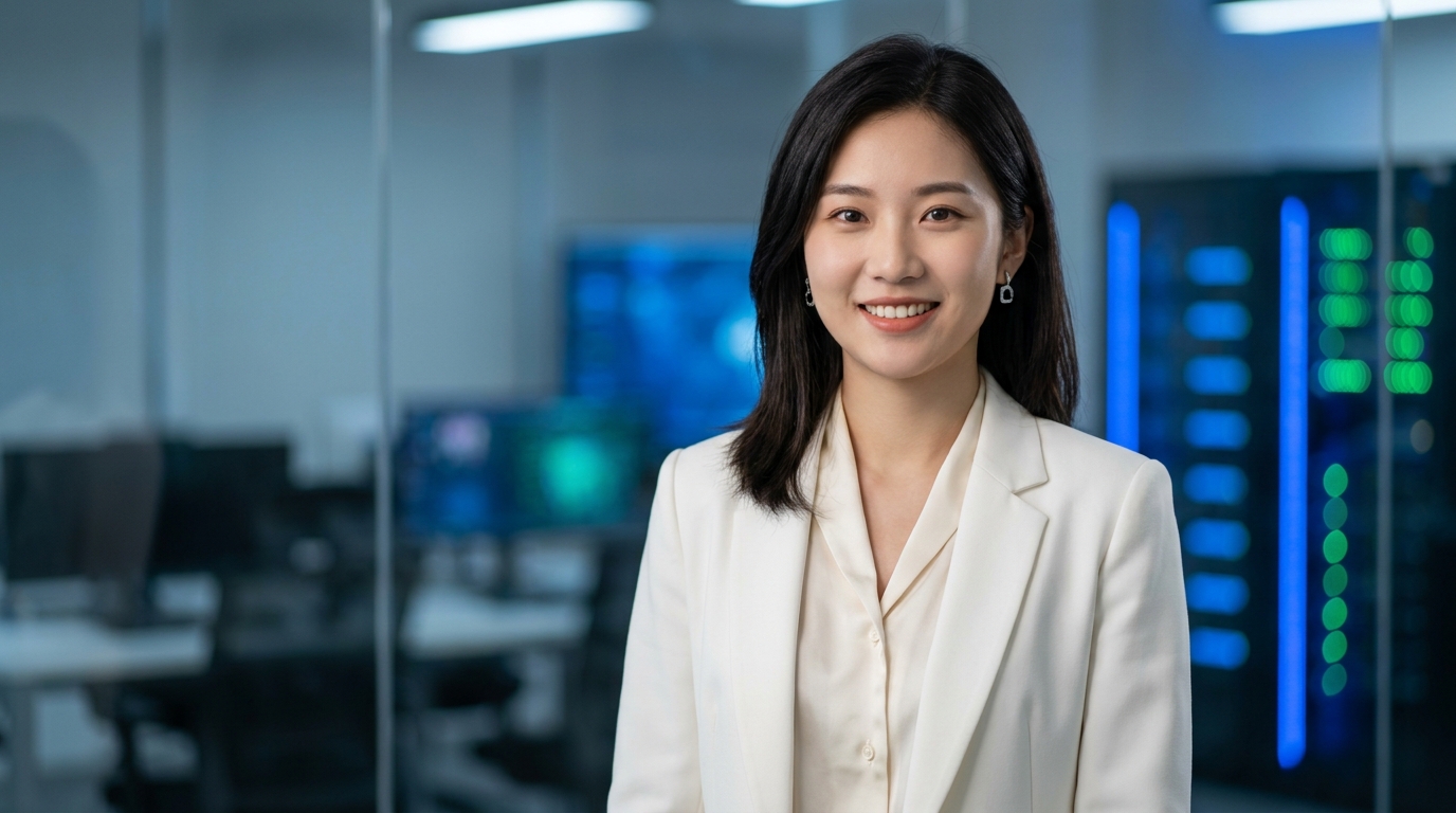 하얀 재킷을 입고 지적이고 맑은 눈빛으로 명의도용방지 엠세이퍼 시스템을 제안하는 한국인 여성 전문가