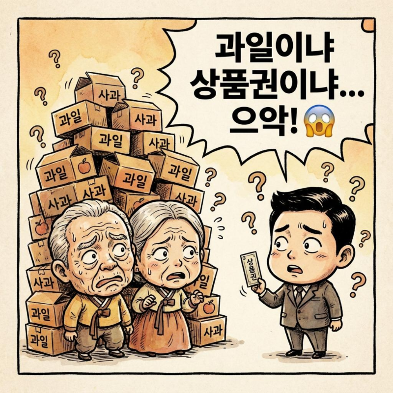 추석 선물 과일 세트와 상품권 선택 고민에 빠진 한국 고전 만화 스타일 가족 캐릭터