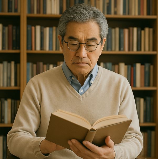 서재를 배경으로 안경을 쓴 중년의 동아시아계 남성이 조용한 분위기 속에서 책을 읽고 있다.