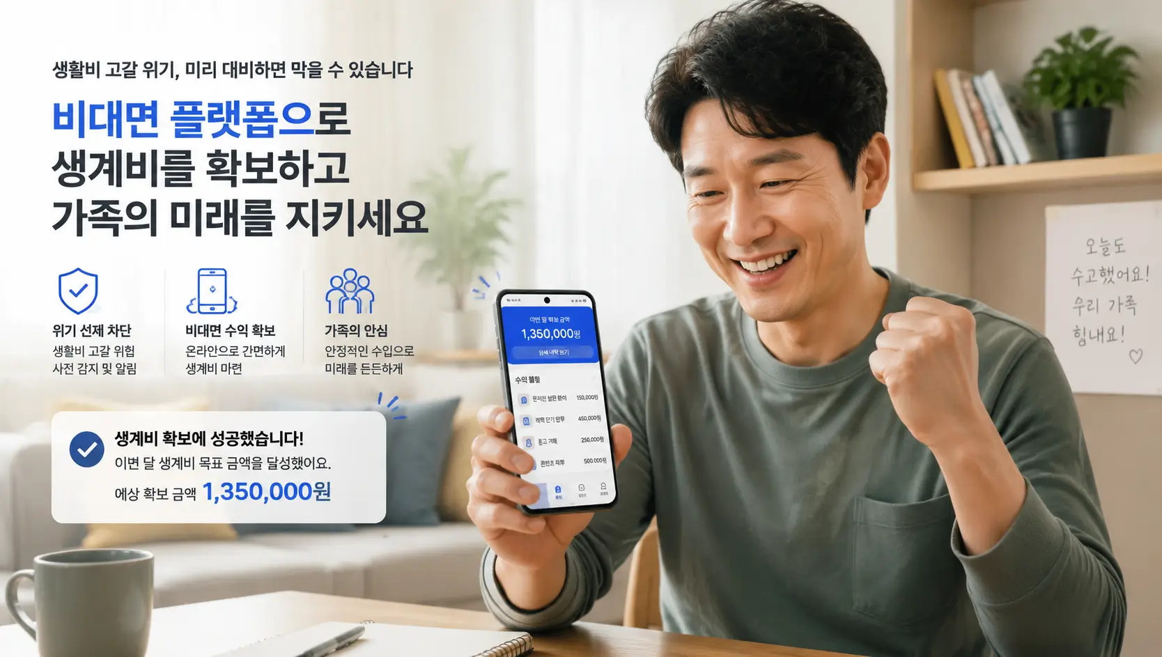 생활비 고갈 위기를 선제적으로 차단하고 비대면 플랫폼으로 생계비를 확보하여 안도하는 가장의 모습