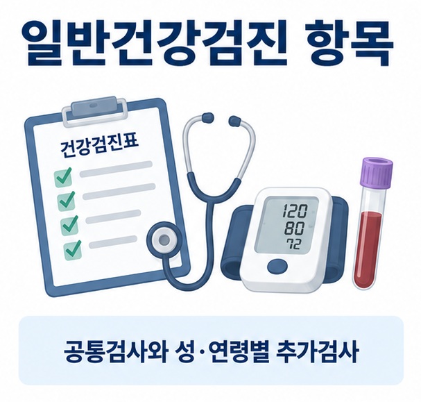 건강검진표 청진기 혈압계 혈액검사 아이콘을 배경으로 일반건강검진 항목이라는 글자가 중앙에 놓인 국가건강검진 인포그래픽