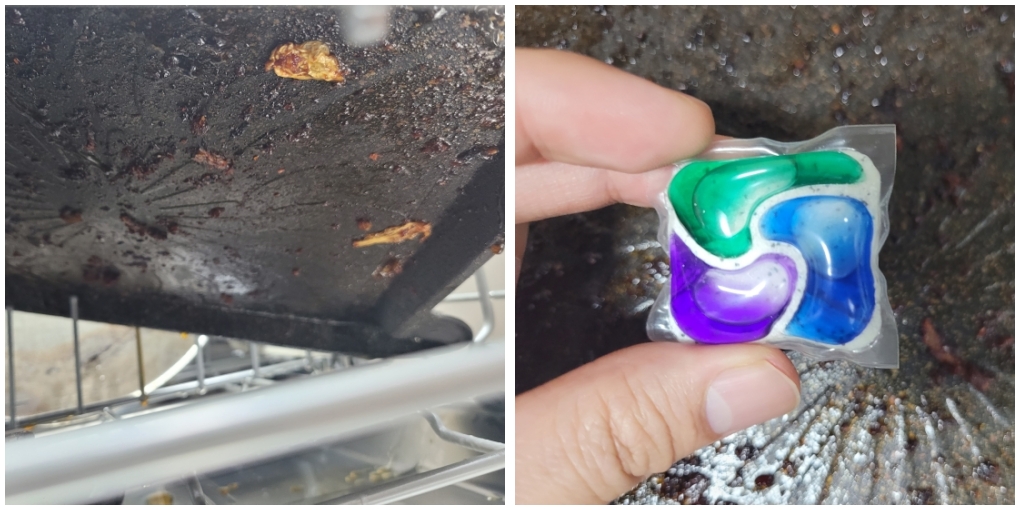 삼겹살 불판을 애벌 설거지 없이 식기세척기에 로딩하였다. 세제는 캐스케이드 플래티넘을 사용한다