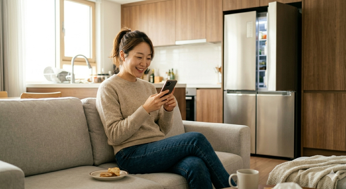 냉장고 문을 반쯤 열어둔 채 소파에 앉아 스마트폰으로 배달 앱을 보고 있는 사람의 모습