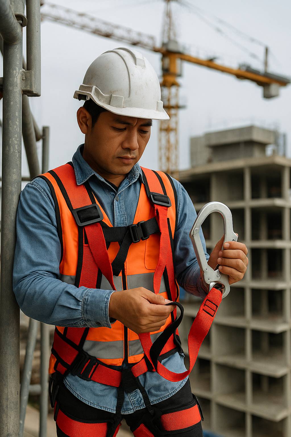 건설 현장에서 추락방지용 안전벨트를 점검 중인 아시아 남성 작업자