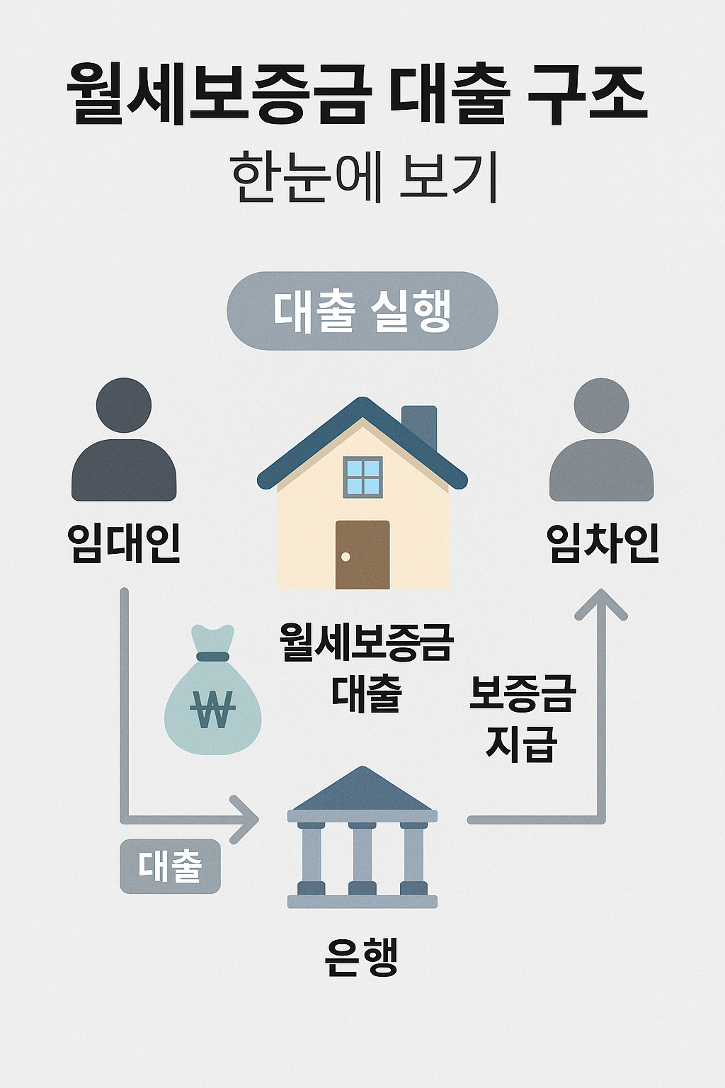 월세보증금 대출 구조 인포그래픽 - 임차인, 은행, 보증기관 관계도