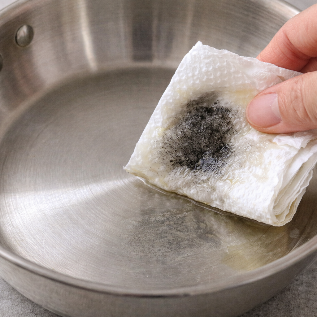 새 스텐팬 안쪽을 기름 묻힌 키친타월로 닦아보는 모습입니다.