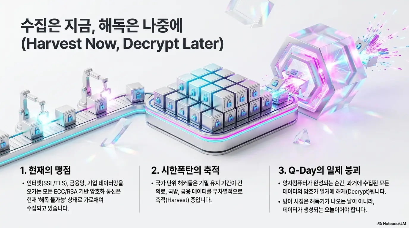 양자컴퓨터 비트코인 위협: 수집은 지금 해독은 나중에 Harvest Now Decrypt Later. 인터넷 SSL/TLS 금융망 기업 데이터를 가로채 축적하고 Q-Day에 일제 해독하는 HNDL 공격 시나리오 3단계 도해 (Harvest Now Decrypt Later HNDL Attack SSL TLS Q-Day)