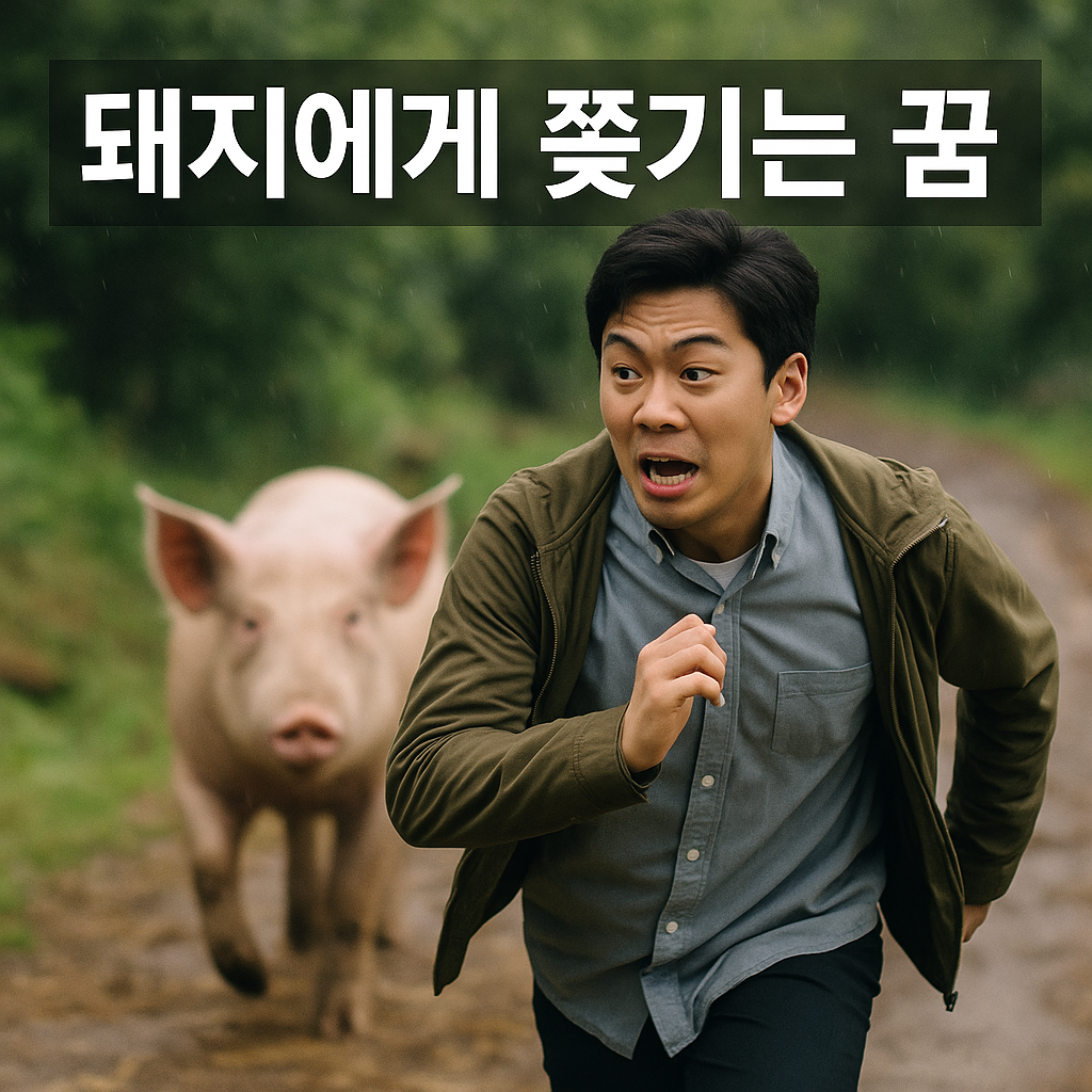 돼지에게 쫓기는 꿈 – 흙길 위에서 놀란 표정으로 돼지를 피해 달아나는 젊은 한국 남성의 모습