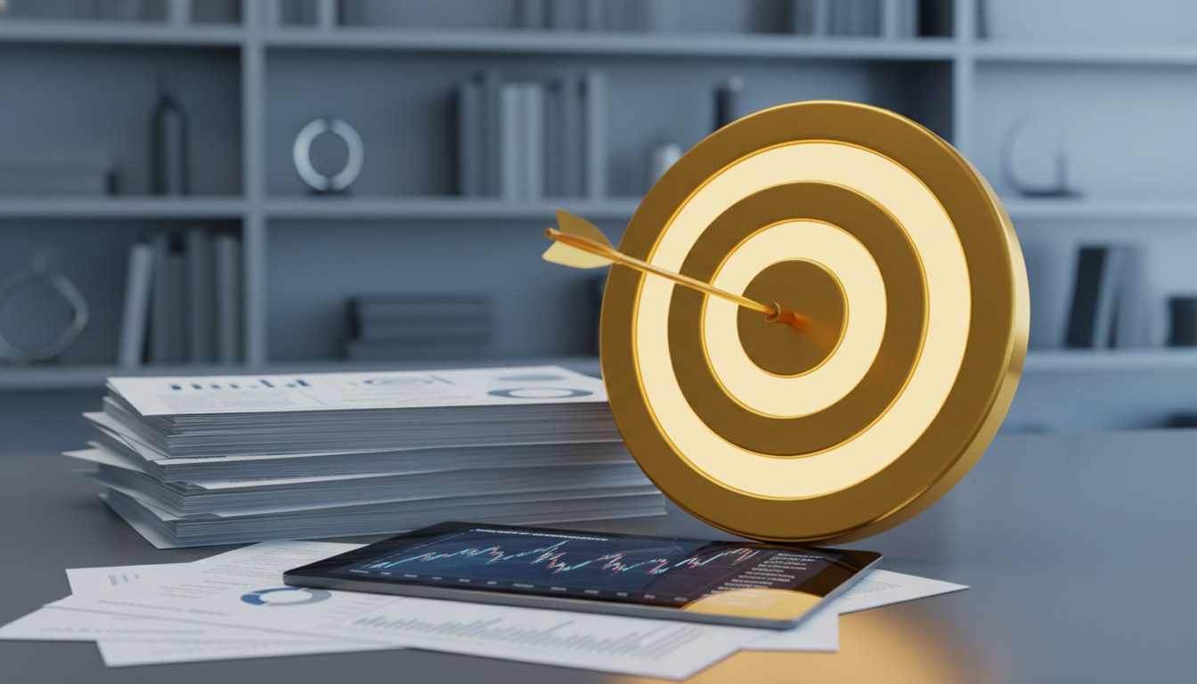 4월 대어급 공모주 종목 분석과 성공적인 타겟 투자를 상징하는 과녁과 태블릿 차트