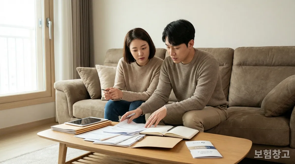 사적 보험 납입유예 및 감액 제도에 대해 상담하는 한국인 부부