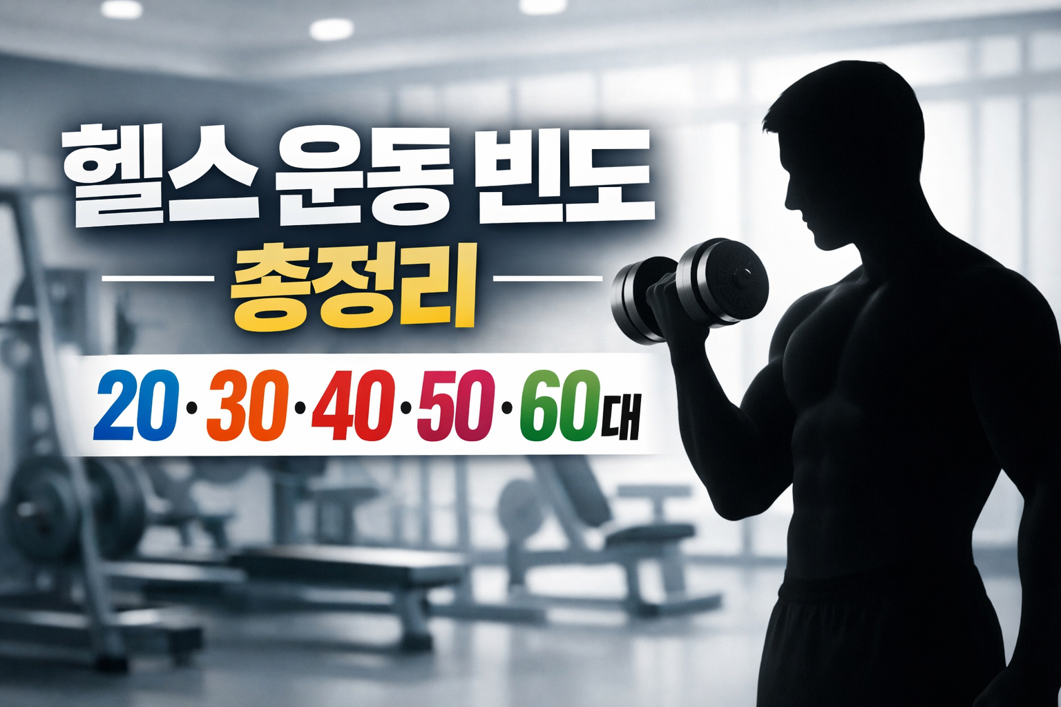 헬스 운동 빈도 총정리를 주제로 20대&middot;30대&middot;40대&middot;50대&middot;60대 연령별 운동 횟수 기준을 설명하는 정보형 썸네일 이미지