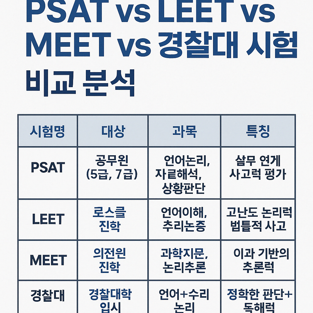 "이미지파일경로.png" alt="PSAT, LEET, MEET, 경찰대 시험 비교 분석 표. 각 시험의 대상, 과목, 특징을 한눈에 보여주는 인포그래픽 이미지"