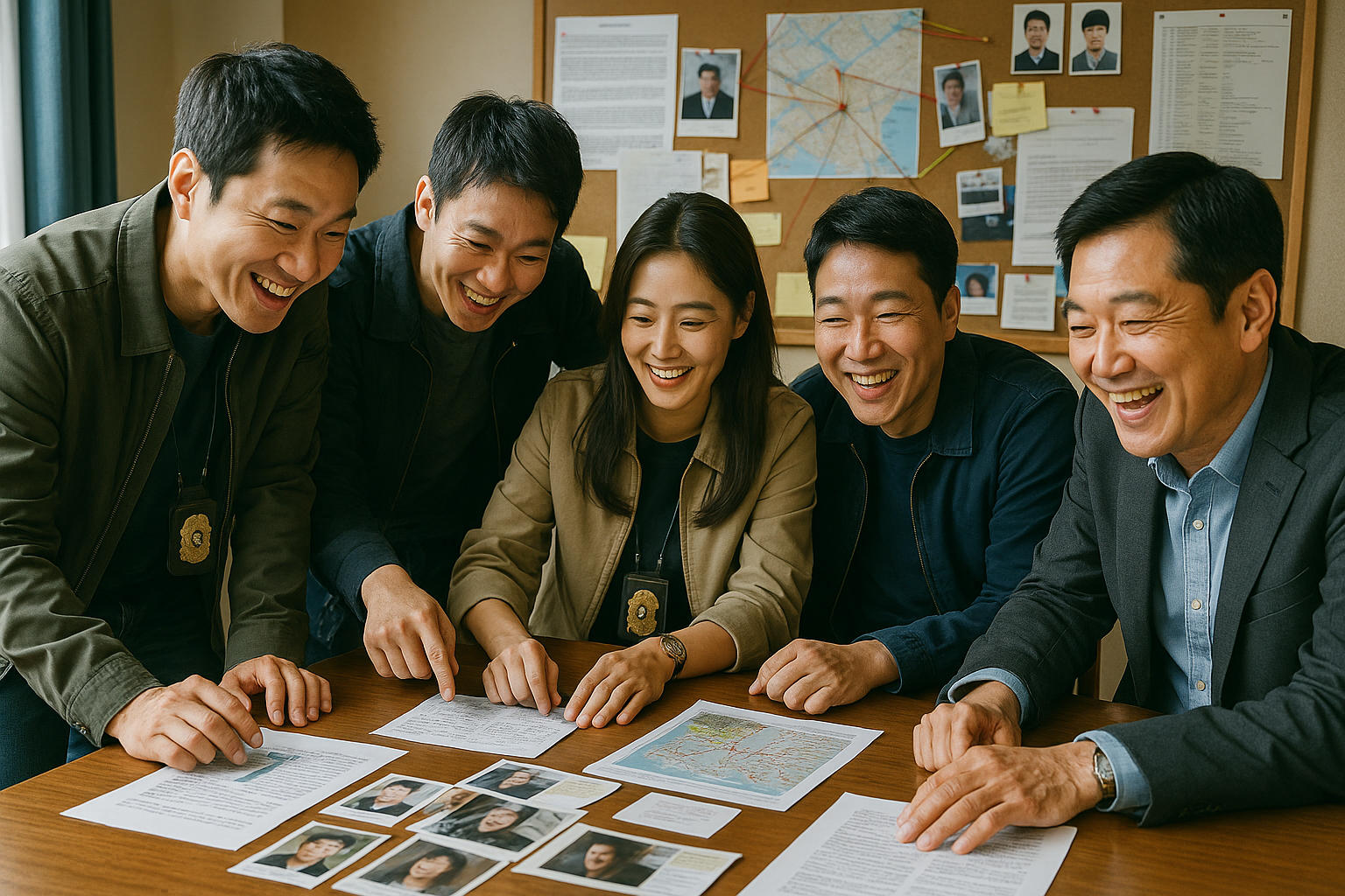 평상복을 입은 형사 5명이 웃으며 작전을 준비하는 모습