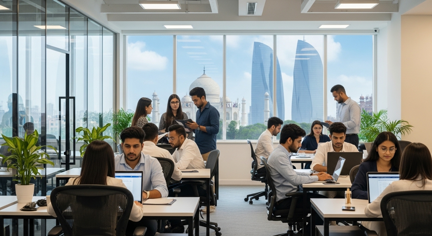 인도 IT 엔지니어들이 노트북으로 작업하는 모습. 배경에는 타지마할과 현대적인 고층 빌딩이 혼합되어 인도의 'IT 강국' 이미지를 상징함