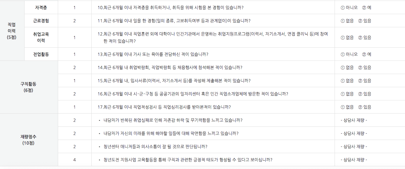 청년도전 지원사업 구직단념청년 문답표