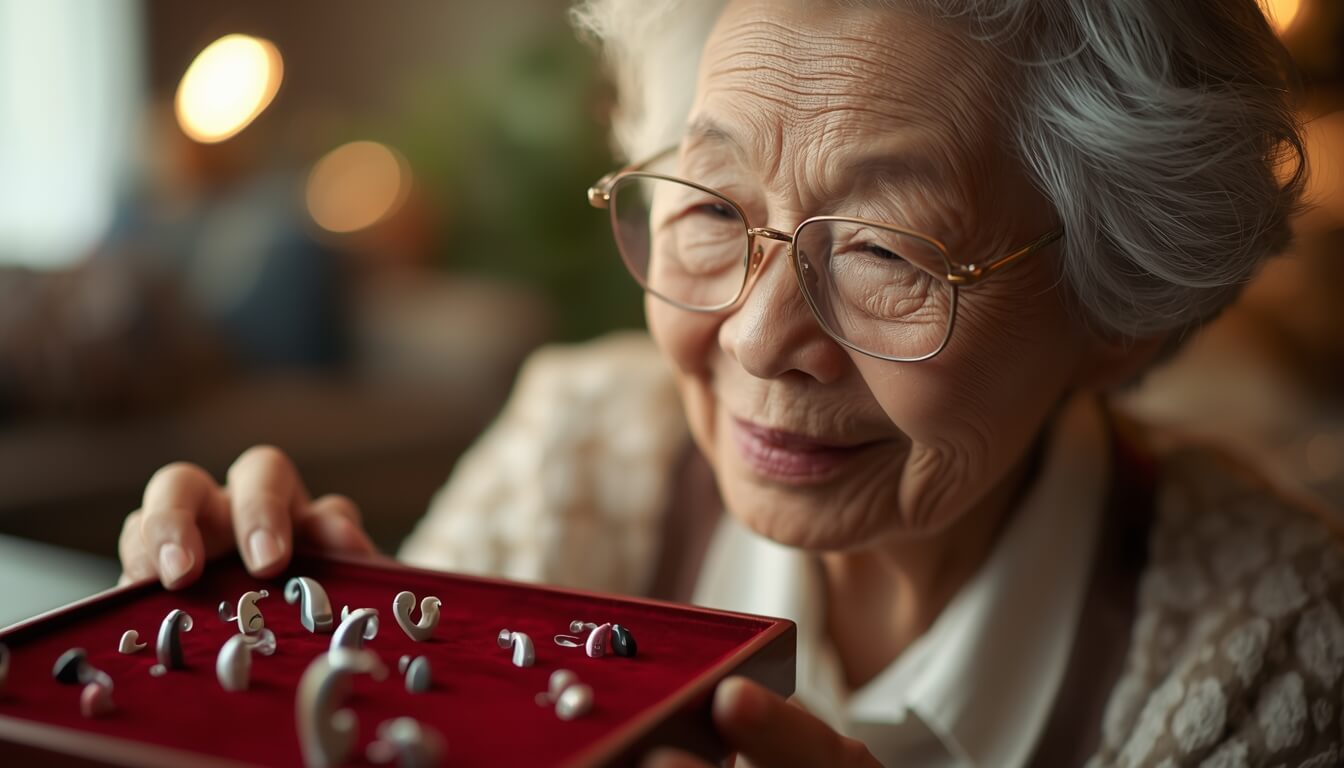 다양한 종류의 보청기를 살펴보는 어르신