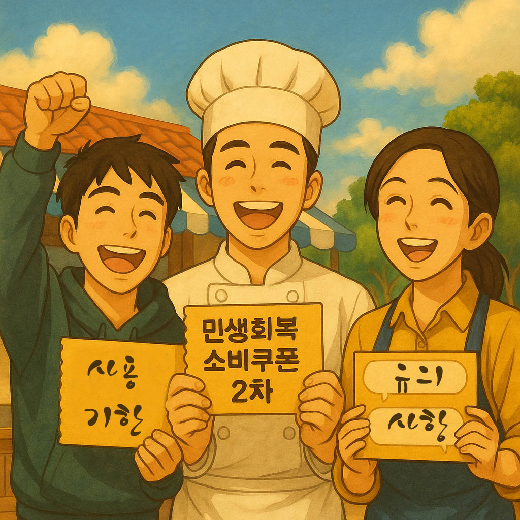 시장 앞에서 환하게 웃는 젊은이, 주방장 모자를 쓴 베이커리 사장, 여성 소상공인이 각각 ‘사용기한’, ‘민생회복 소비쿠폰 2차’, ‘주의사항’ 문구가 적힌 종이를 들고 있는 장면