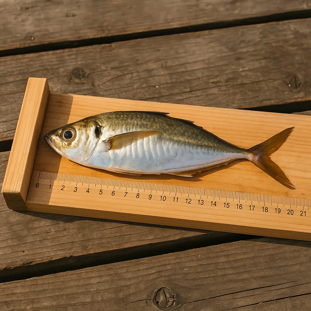 나무 자판 위에 올려진 전갱이 한 마리