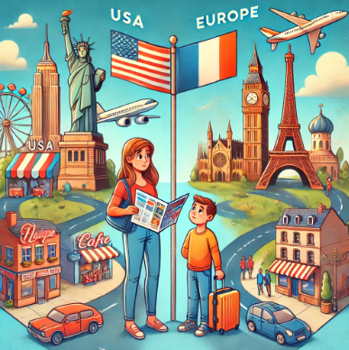 가족과 함께 하는 미국 여행과 유럽 여행 선택하는 이미지