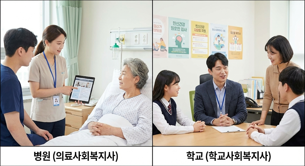 병원(의료사회복지사),학교(학교사회복지사)