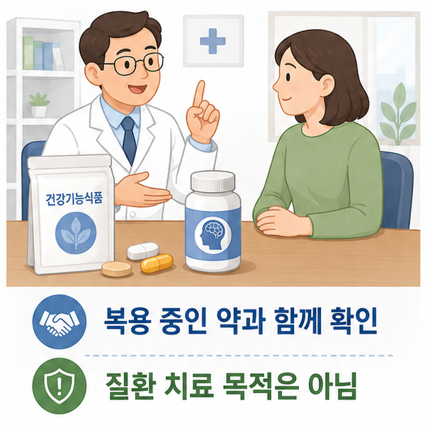 약 봉투와 영양제를 함께 놓고 복용 중인 약과의 관계를 확인하는 상담 이미지